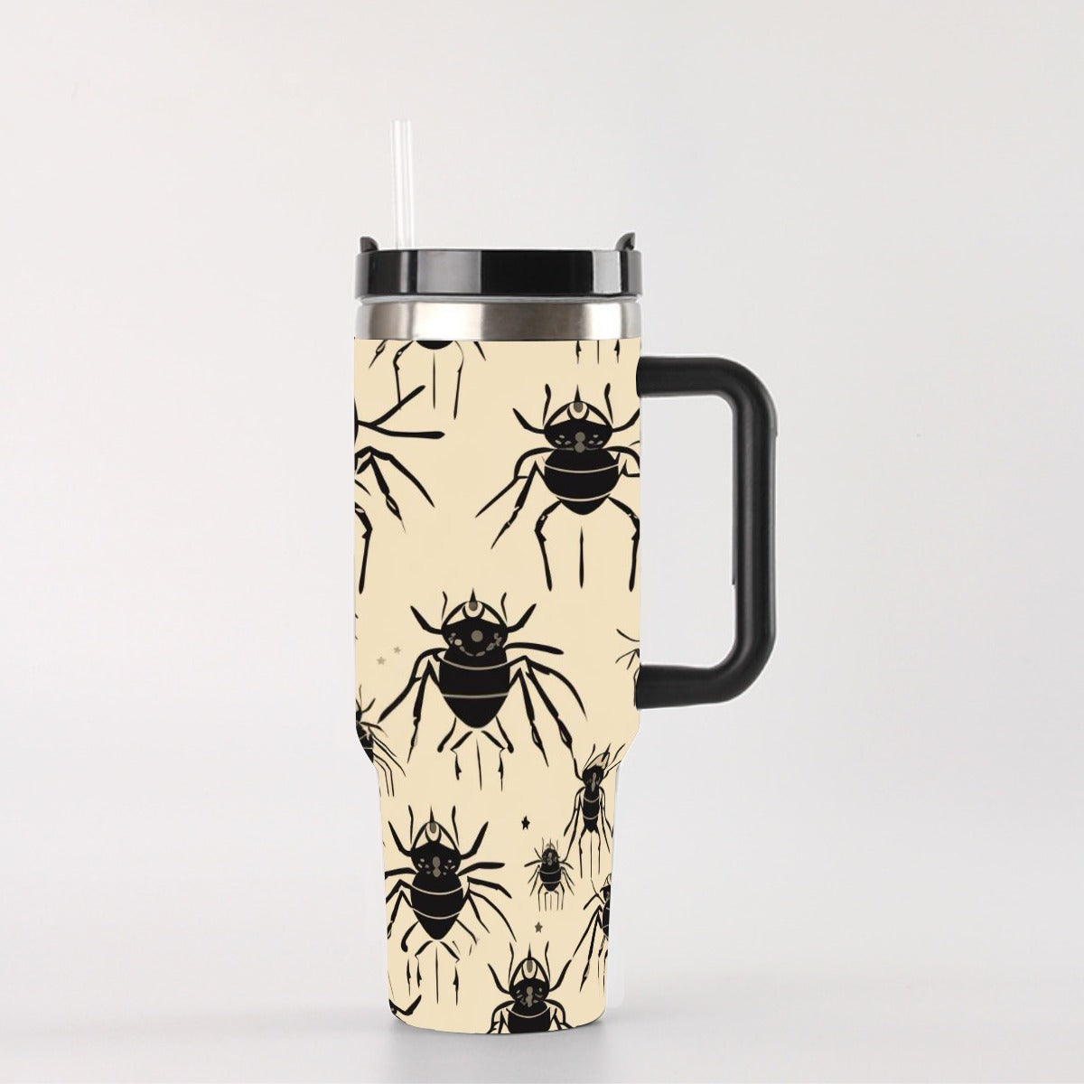 Creepy Black Spiders 40oz Tumbler with Handle | Beige Gothic Halloween Cup – SheVibesAfterDark