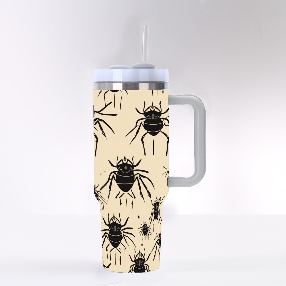 Creepy Black Spiders 40oz Tumbler with Handle | Beige Gothic Halloween Cup – SheVibesAfterDark