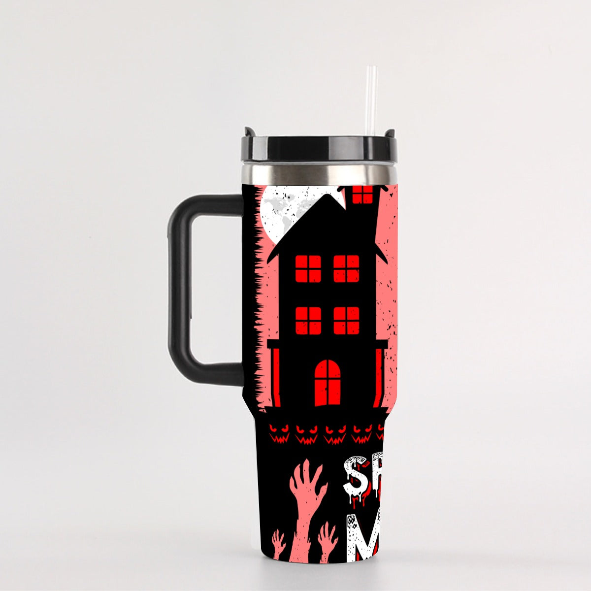 Haunted House 40oz Tumbler with Handle | Spooky Pink Halloween Cup – SheVibesAfterDark