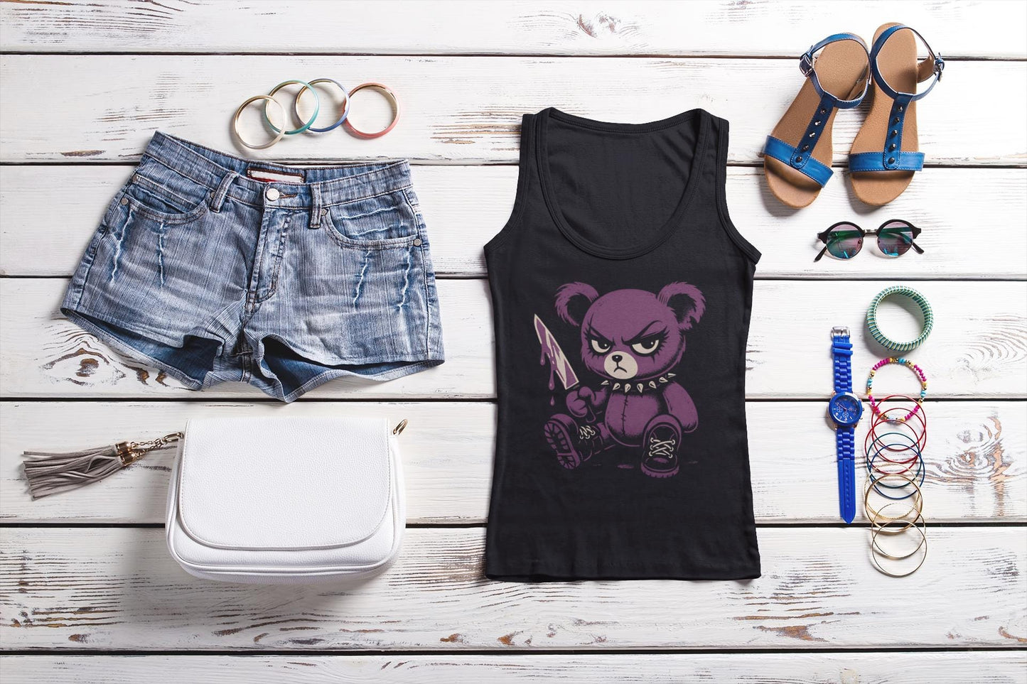 Grunge Purple Teddy Bear Tank Top: Edgy Y2K Cotton Shirt