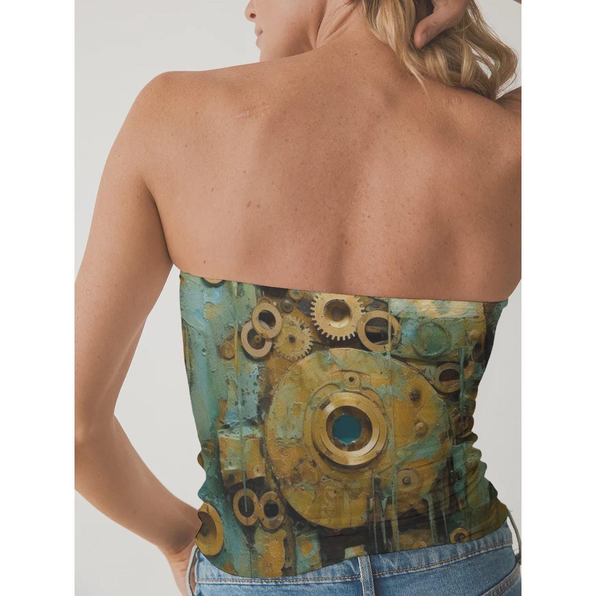 Steampunk Gear Print Tube Top: Alt Fashion Corset Style