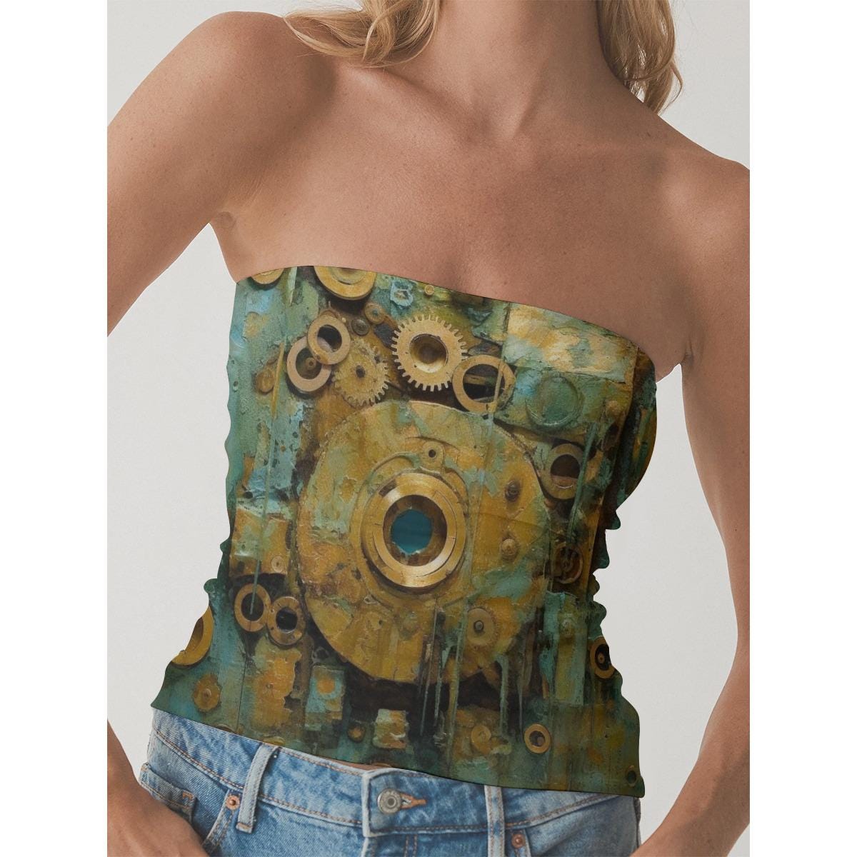 Steampunk Gear Print Tube Top: Alt Fashion Corset Style