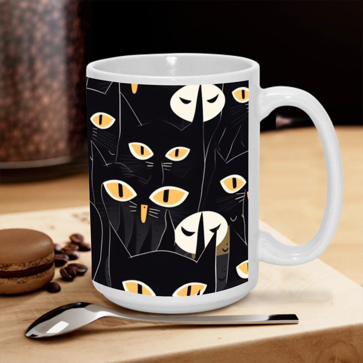 Black Cat Halloween Mug – Spooky Coffee Cup 15 oz – Fall Ceramic Gift