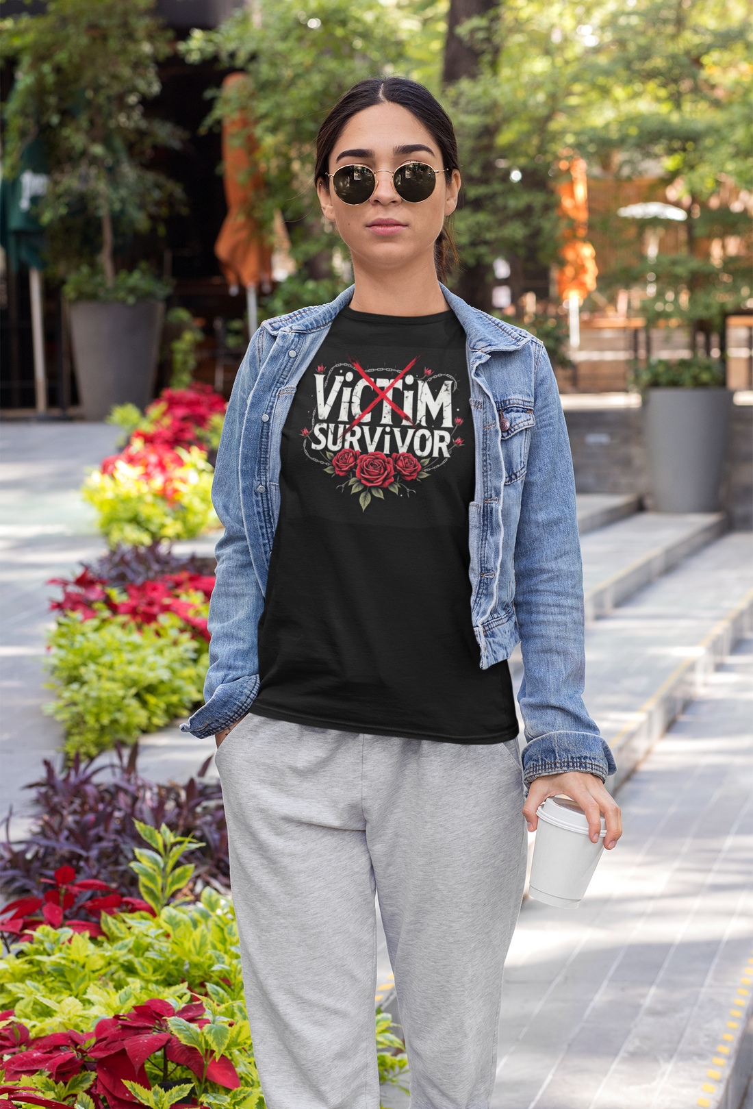 women wearing a black shirt that reads victim crossed out and survivor in big words