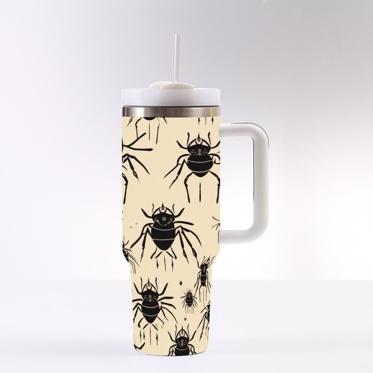 Creepy Black Spiders 40oz Tumbler with Handle | Beige Gothic Halloween Cup – SheVibesAfterDark