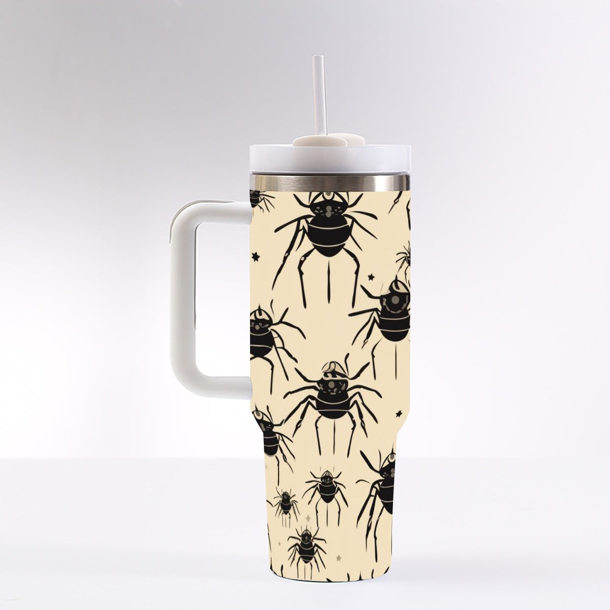 Creepy Black Spiders 40oz Tumbler with Handle | Beige Gothic Halloween Cup – SheVibesAfterDark