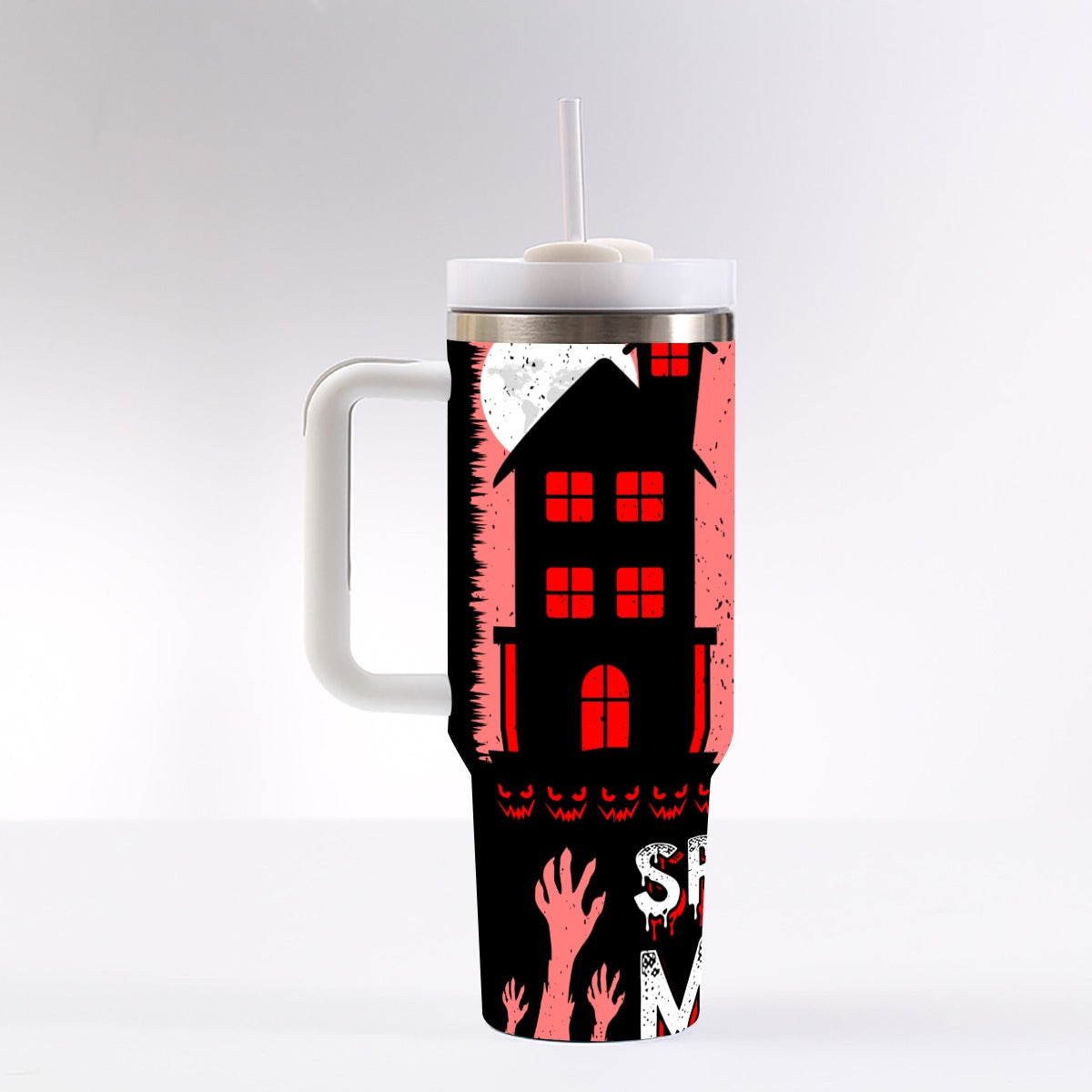 Haunted House 40oz Tumbler with Handle | Spooky Pink Halloween Cup – SheVibesAfterDark