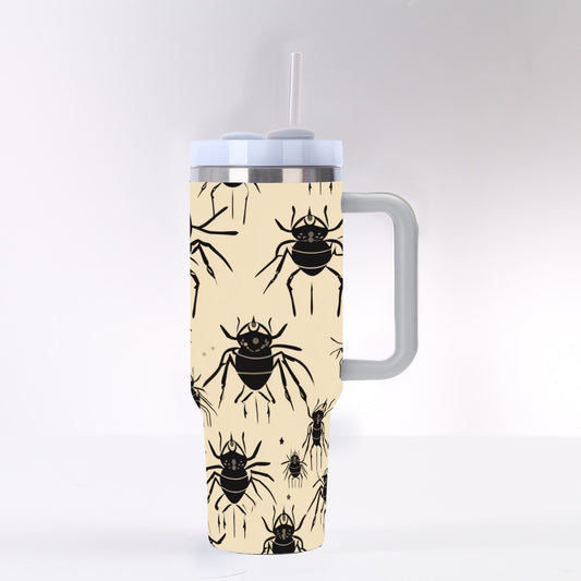 Creepy Black Spiders 40oz Tumbler with Handle | Beige Gothic Halloween Cup – SheVibesAfterDark