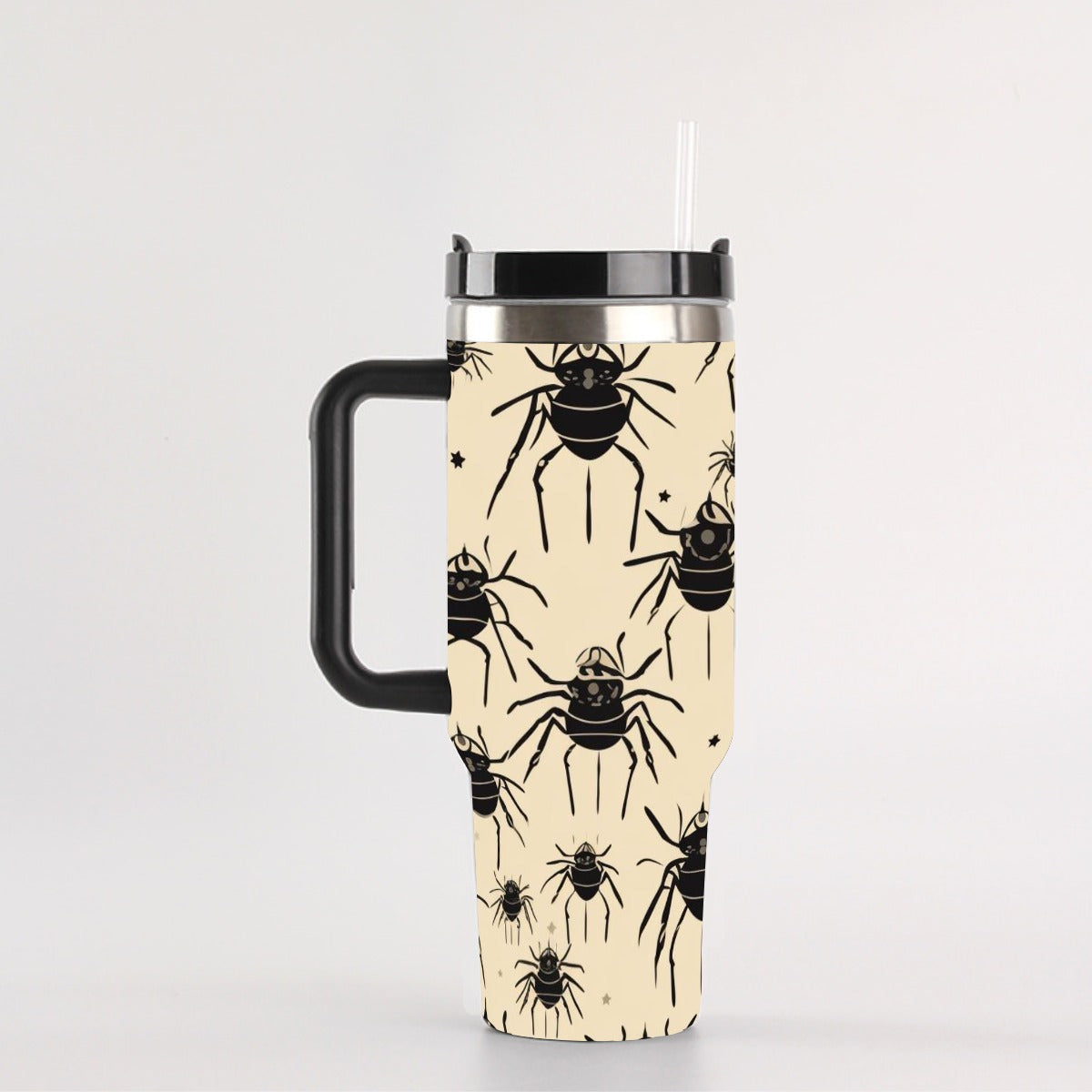 Creepy Black Spiders 40oz Tumbler with Handle | Beige Gothic Halloween Cup – SheVibesAfterDark
