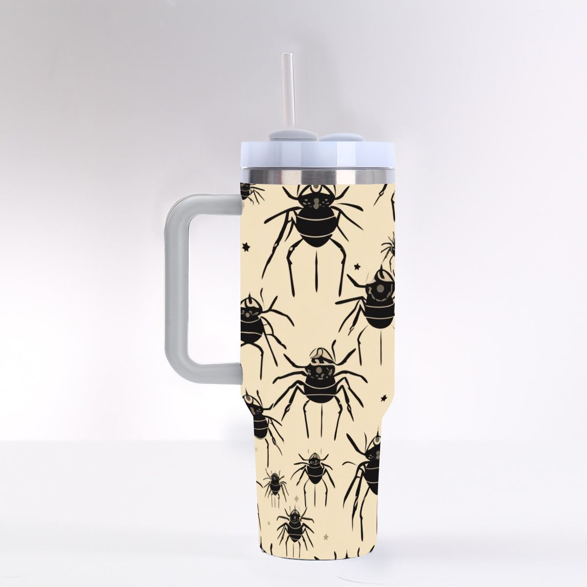 Creepy Black Spiders 40oz Tumbler with Handle | Beige Gothic Halloween Cup – SheVibesAfterDark