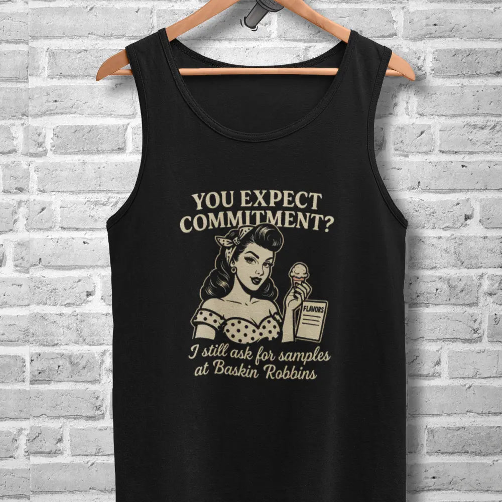“You Expect Commitment?” Racerback Tank – Retro Ice Cream Quote Top for Single Girls Yoycol