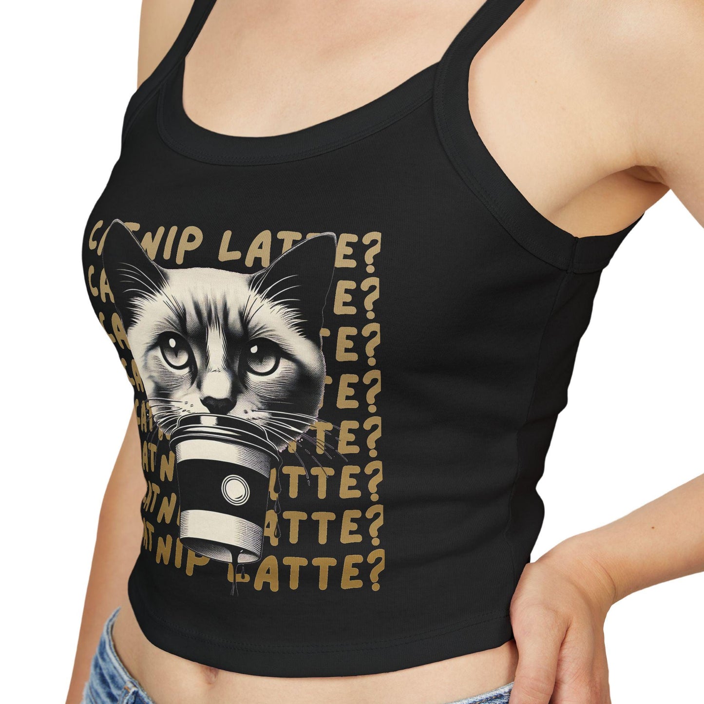 Catnip Latte Cropped Tank Top: Funny Coffee Cat Graphic Tee