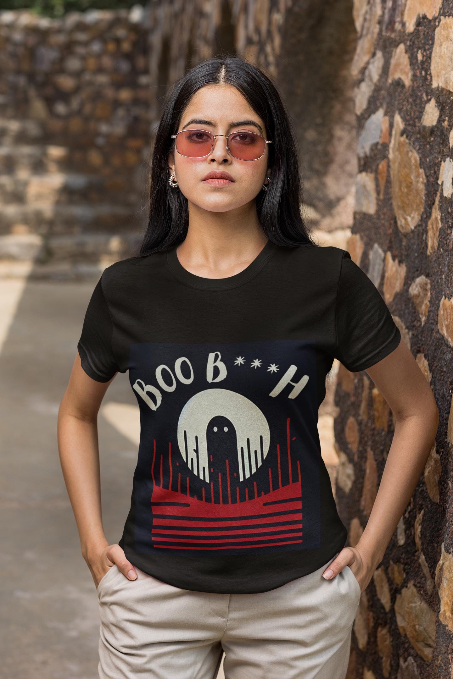 Women's Tee - Ghost Moon Graphic T-Shirt - Minimalist Red and Black Retro Aesthetic Top, Women's Graphic Tee, Retro Moon Shirt, Minimalist
