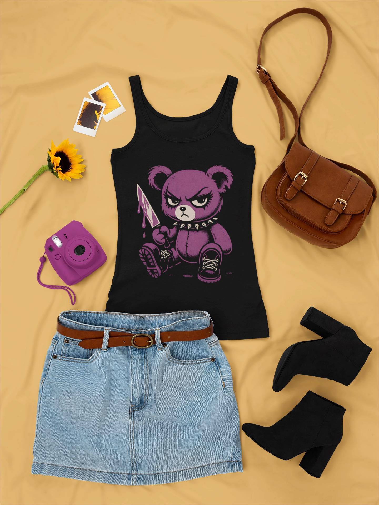 Grunge Purple Teddy Bear Tank Top: Edgy Y2K Cotton Shirt