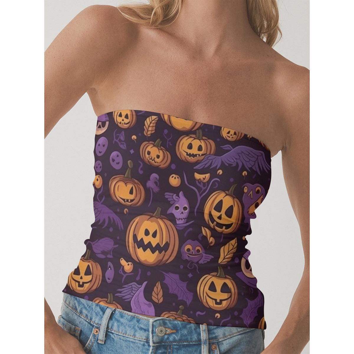 Purple Pumpkin Halloween Tube Top: Spooky Single Life Fashion