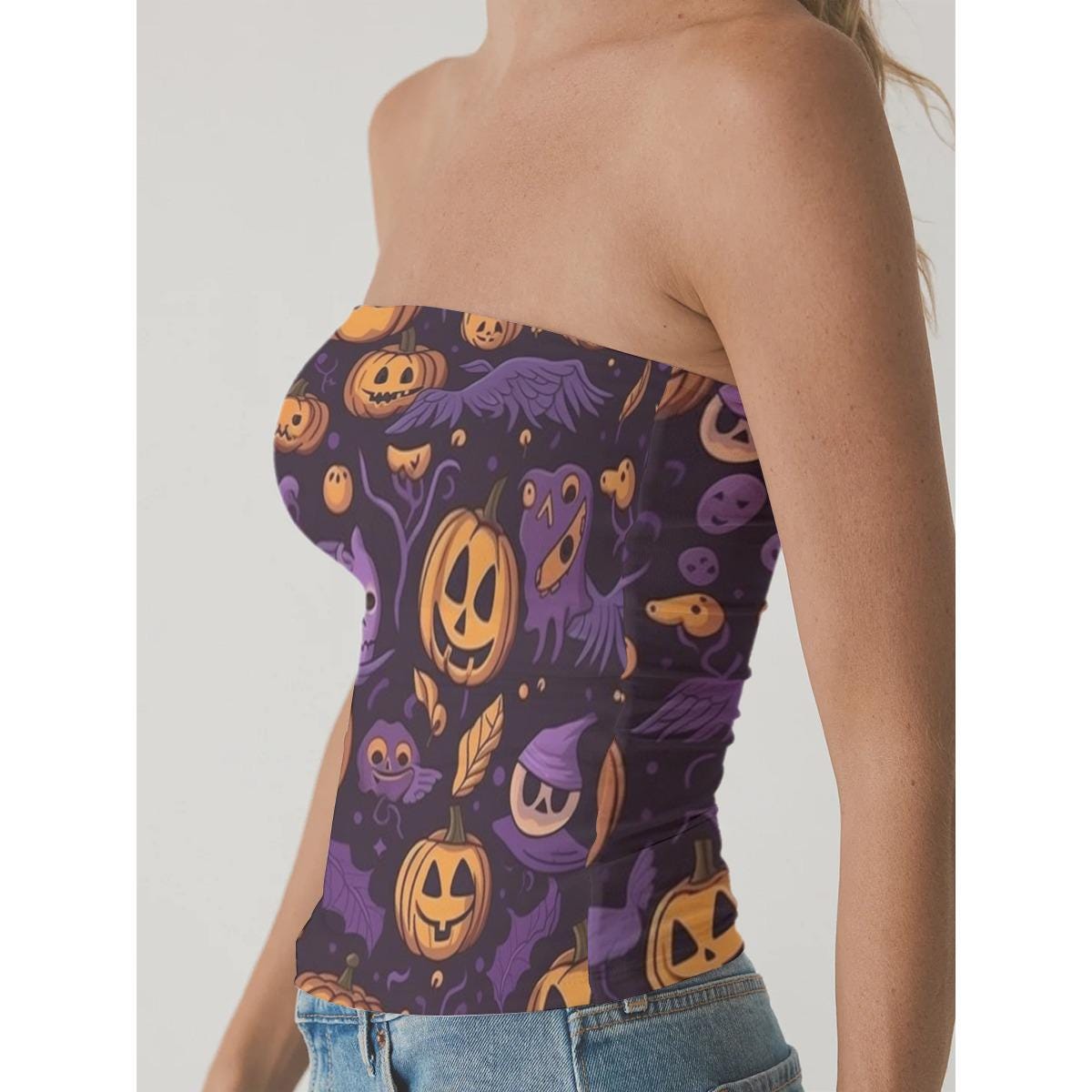Purple Pumpkin Halloween Tube Top: Spooky Single Life Fashion