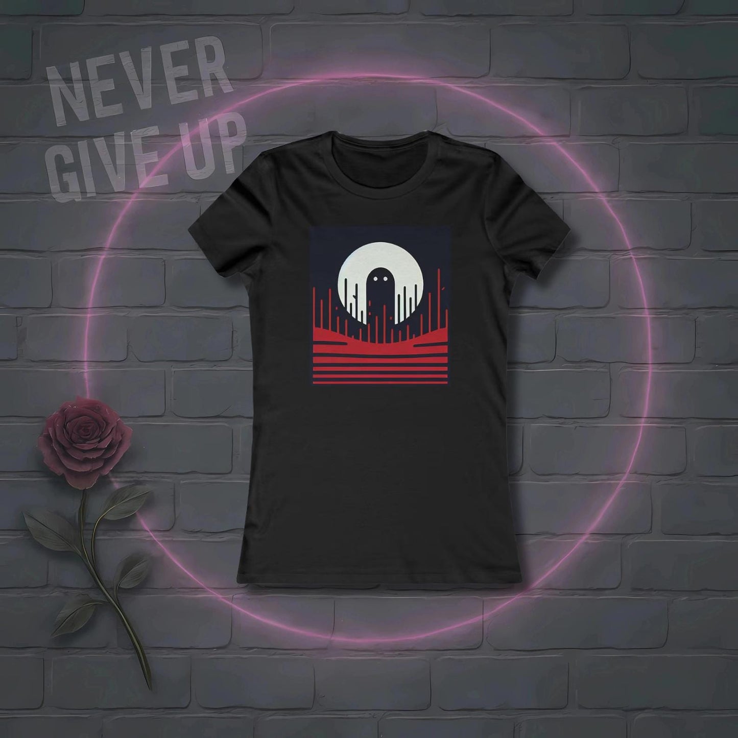 Women's Tee - Ghost Moon Graphic T-Shirt - Minimalist Red and Black Retro Aesthetic Top, Women's Graphic Tee, Retro Moon Shirt, Minimalist