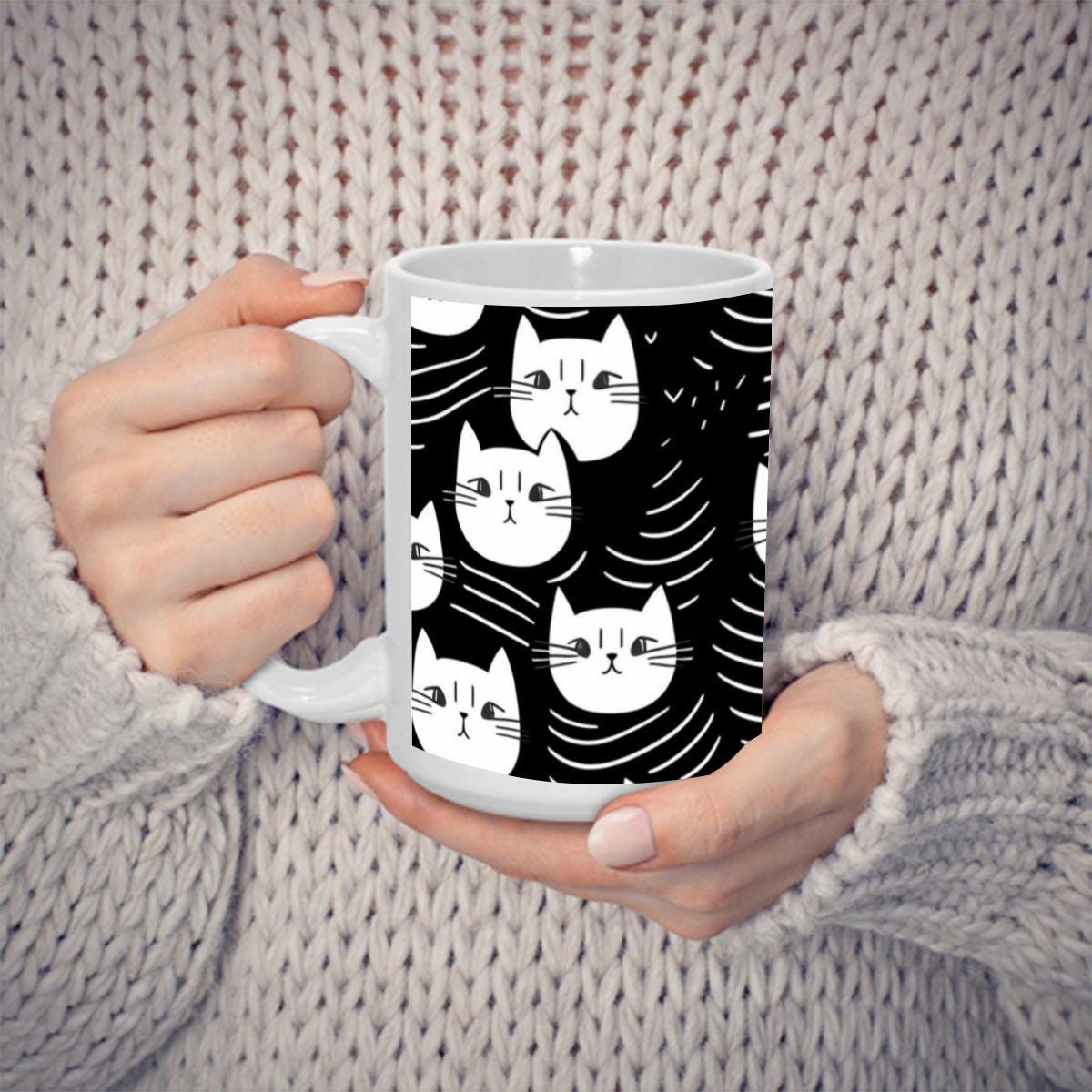 Multi Cat Face Mug 15oz Halloween Coffee Cup for Spooky Cute and Single Life Moods