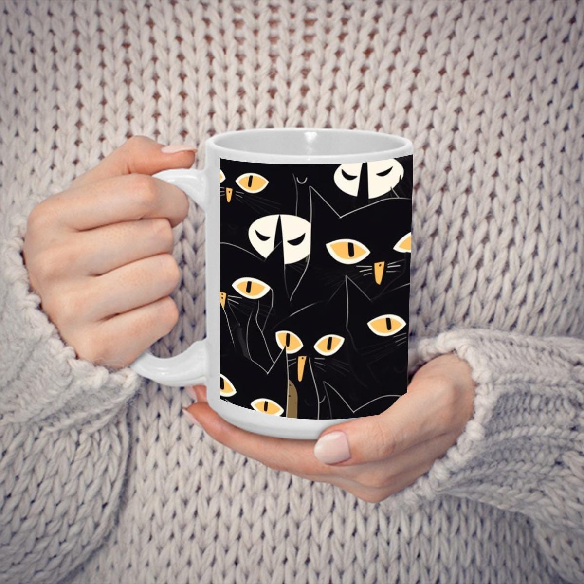 Black Cat Halloween Mug – Spooky Coffee Cup 15 oz – Fall Ceramic Gift