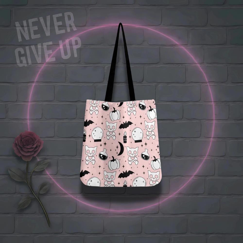 Halloween Tote Bag – Pastel Spooky Cat Print Reusable Gothic Bag | SheVibes Studio After Dark