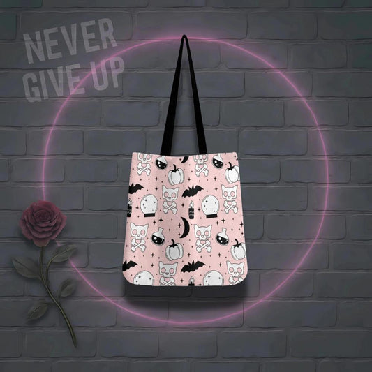 Halloween Tote Bag – Pastel Spooky Cat Print Reusable Gothic Bag | SheVibes Studio After Dark